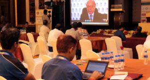 International Sports Press Association president Gianni Merlo addresses the SJFI Bhubaneswar National Convention through video conferencing from Milan on Sept 15, 2016.